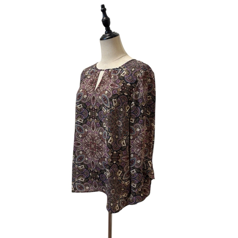 J Jill Blouse Sz M Purple‎ Brown Paisley Tunic Flares Sleeve Boho Cottage - Picture 3 of 9